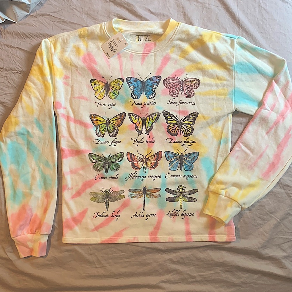Cotton long sleeve cotton/polyester blend multi-colored tie dye style shirt.